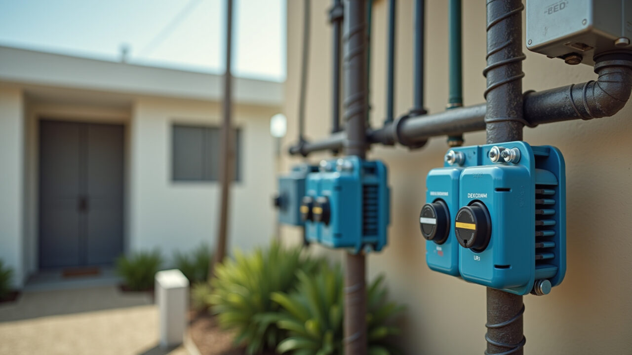 Caixas de derivação protegendo conexões de fios em sistema de distribuição.
