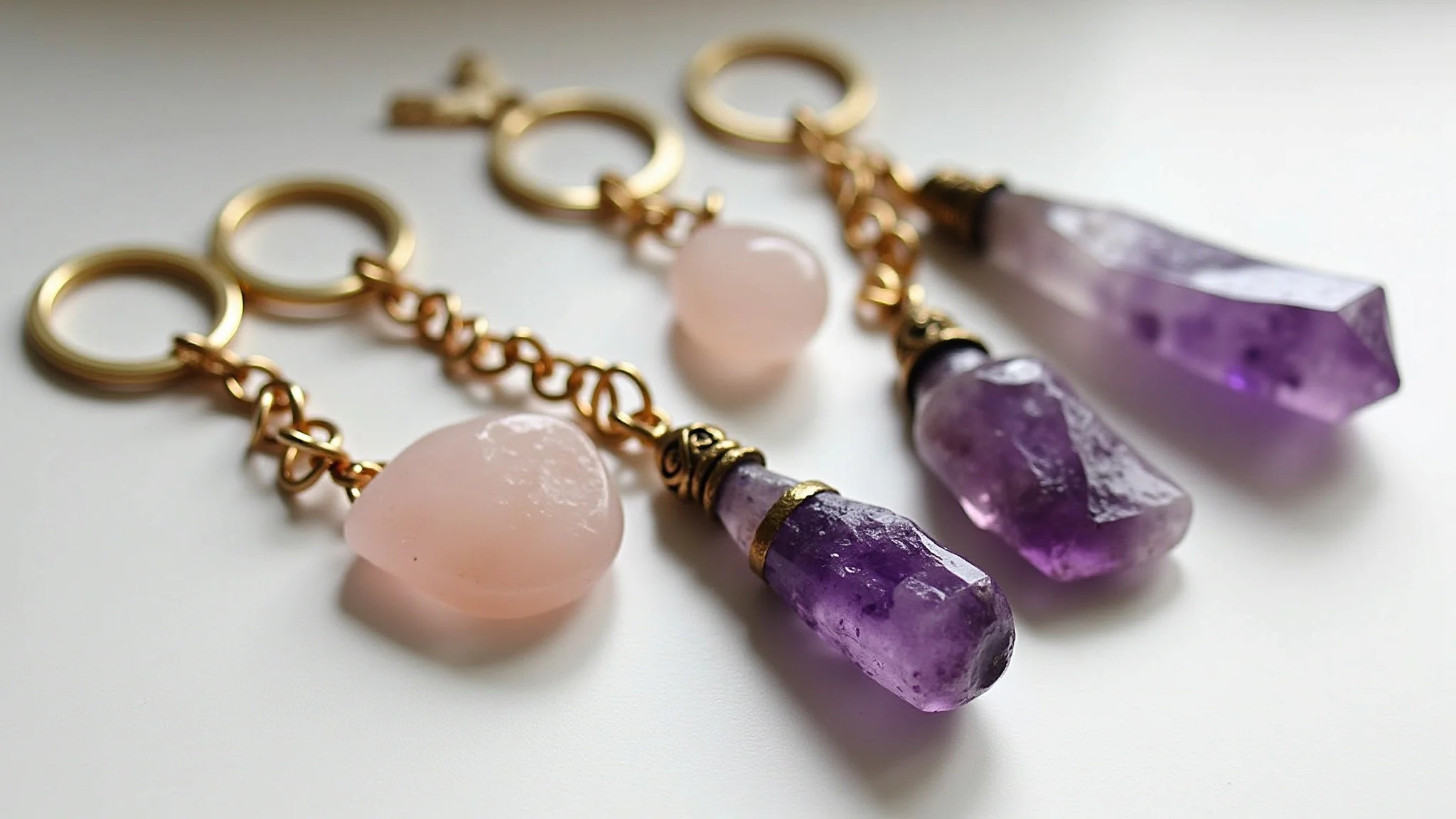 Chaveiros com pedras naturais como ametista e quartzo rosa, combinados com detalhes em metal.
