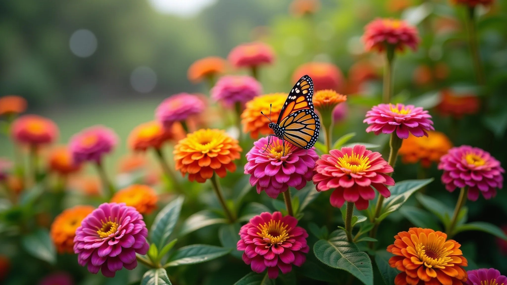 Arbustos de lantana com flores coloridas atraindo borboletas em jardim ensolarado.