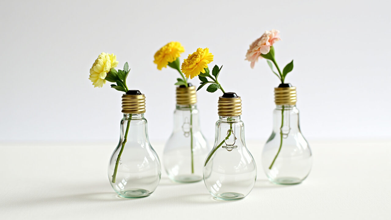 Lâmpadas queimadas transformadas em mini vasos.
