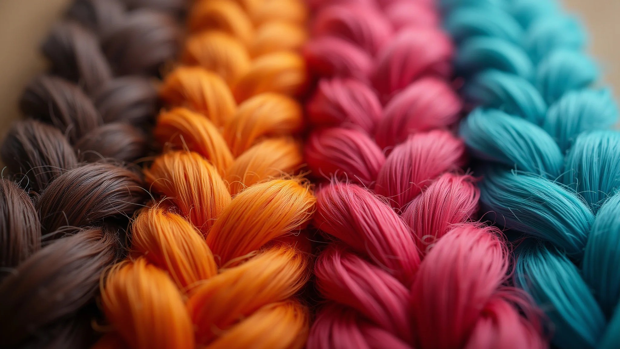 Tranças nagô longas até as pontas do cabelo cacheado, cores vibrantes.