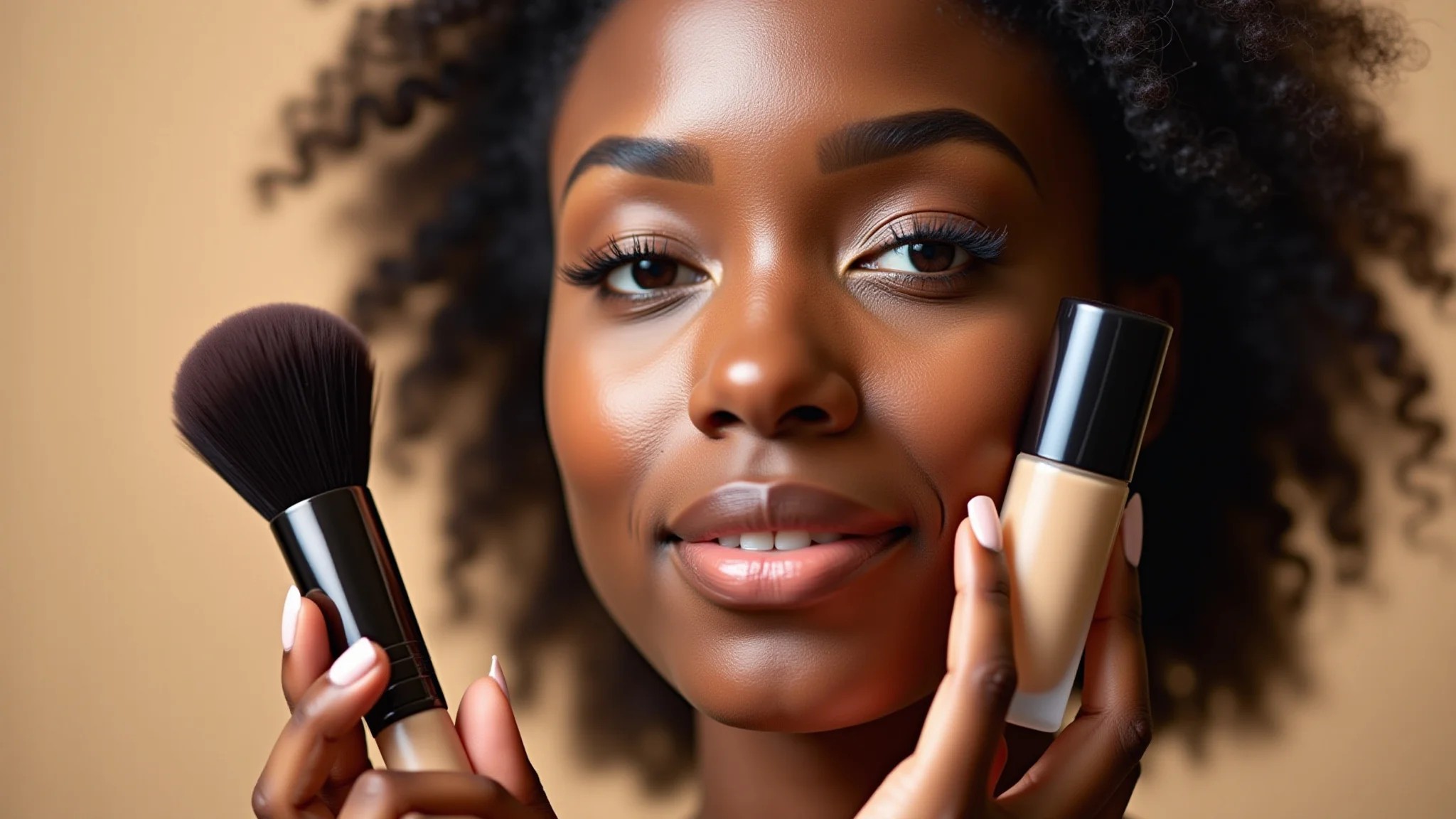 Pincéis de maquiagem e bases para pele negra em tons diversos.