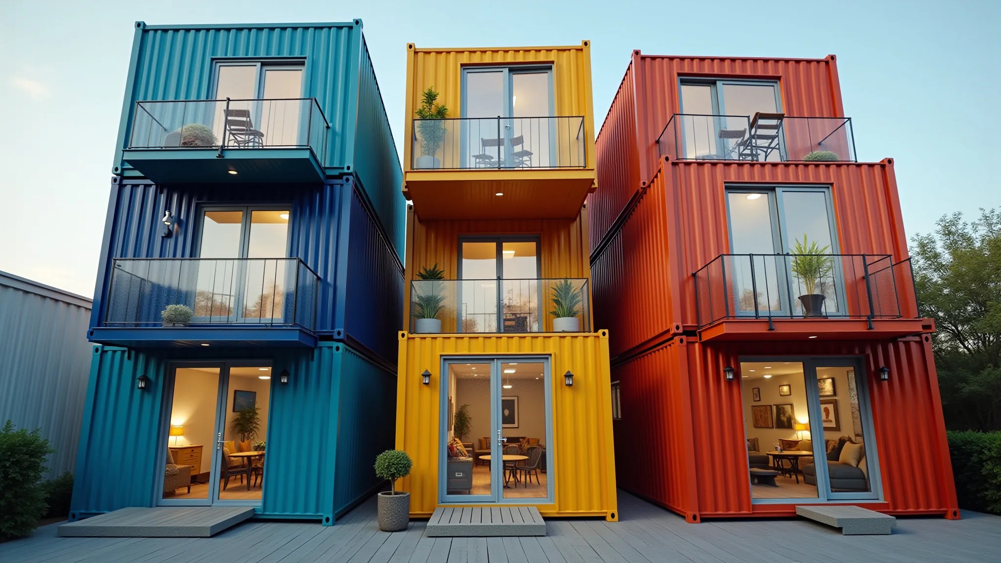 Escritórios container empilhados, design criativo e arquitetura sustentável.