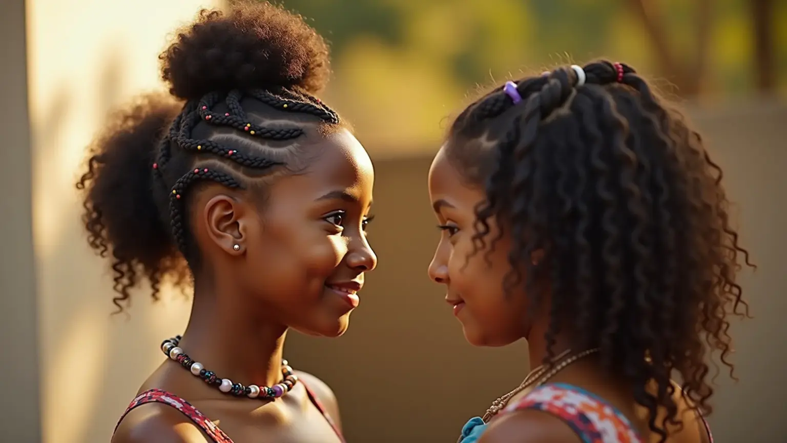 Tranças nagô cacheadas presas em coque alto com miçangas coloridas.