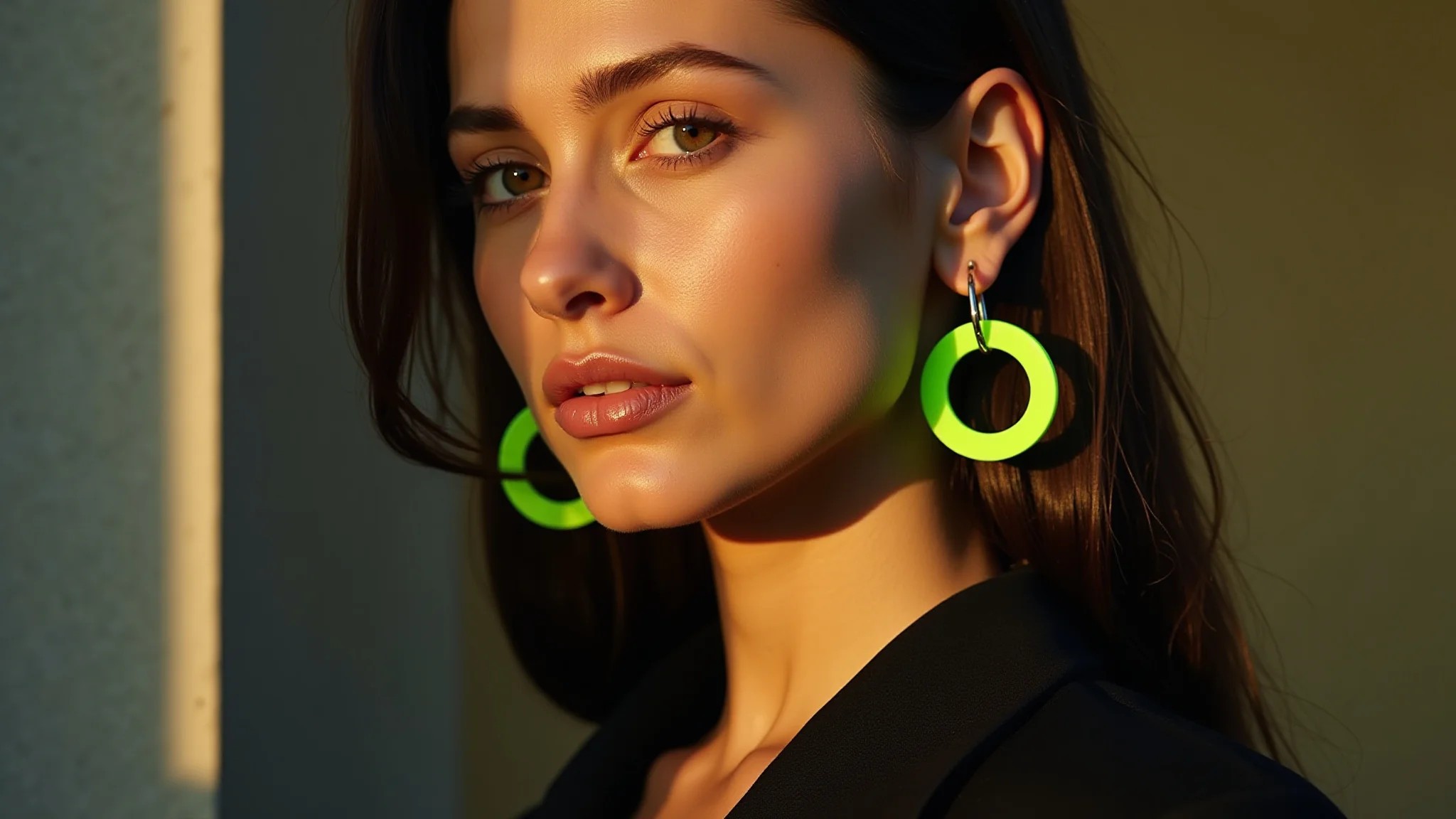 Brincos verde neon combinados com roupa preta monocromática, acessório estiloso e vibrante.