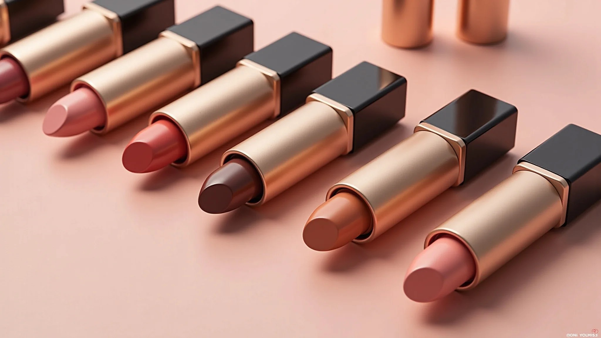 Foto de batons nude bala em vários tons (rosado, caramelo, cacau) dispostos de forma estética e com foco nítido.