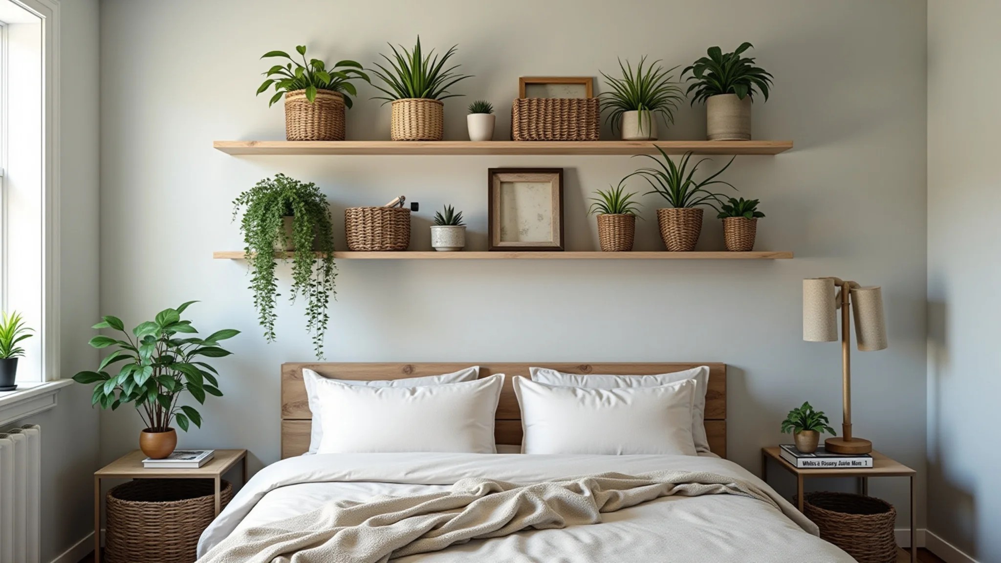 Prateleiras organizadas em quarto pequeno com plantas e cestos.