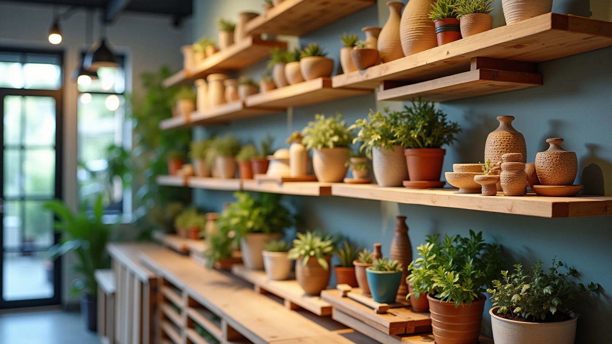 Prateleiras de pallet decoradas com objetos e plantas em quarto.