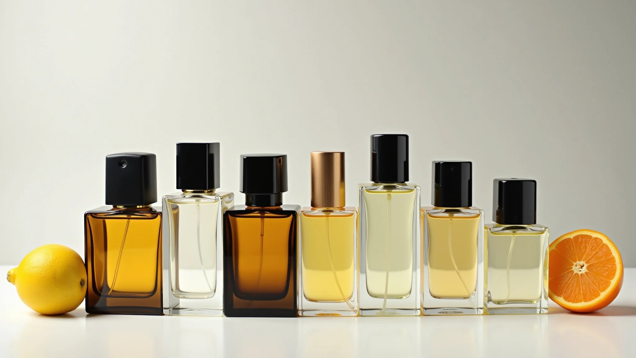 Frascos de perfumes importados organizados por famílias olfativas.