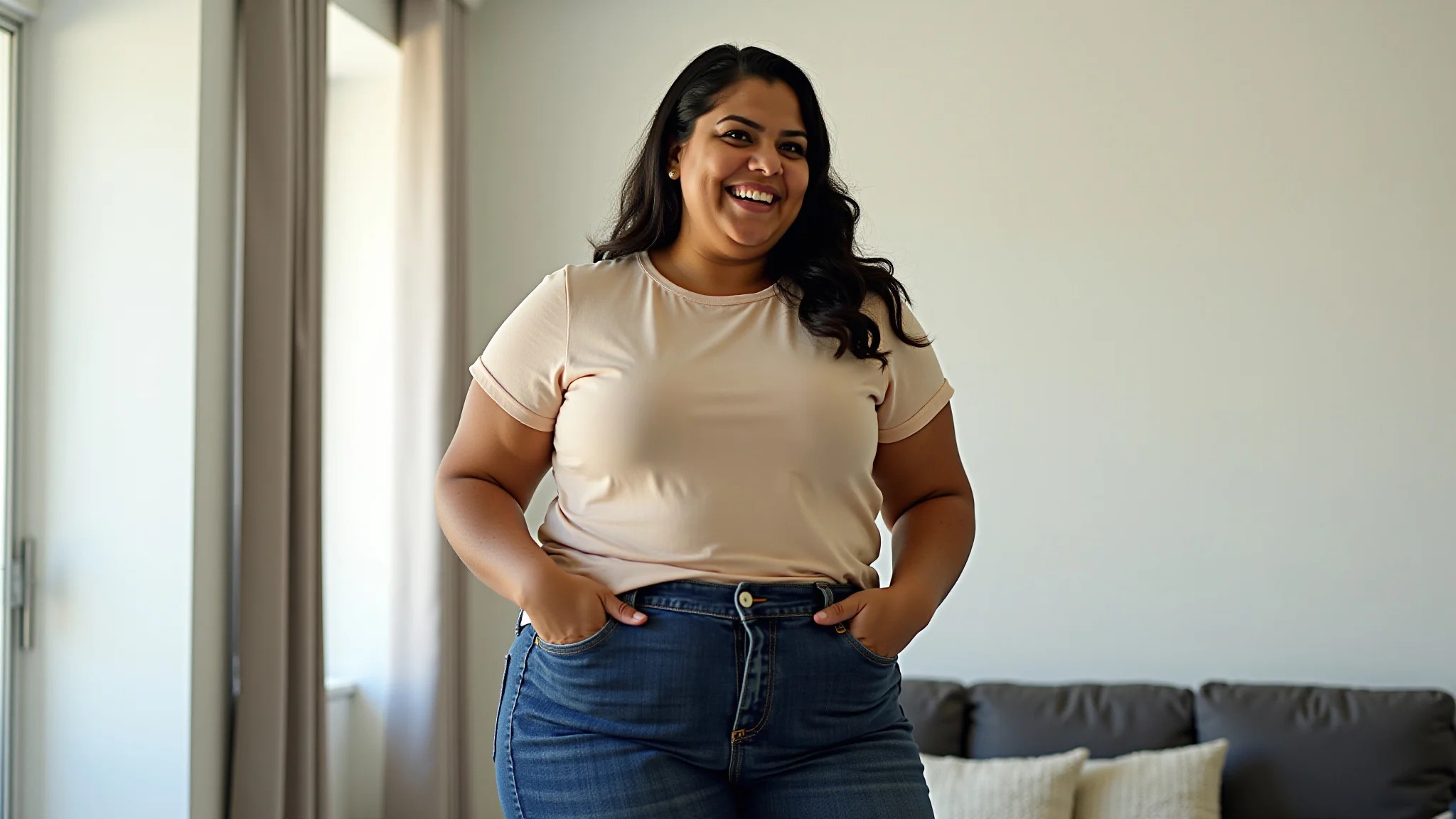 Mulher plus-size brasileira sorrindo, usando calça jeans wide leg escura em apartamento estilo Farm Rio.