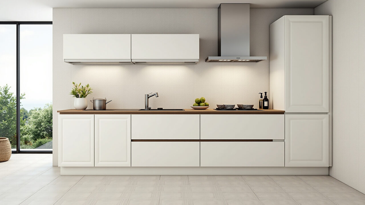 Revestimentos de cozinha práticos e duráveis, como porcelanato e cerâmica.