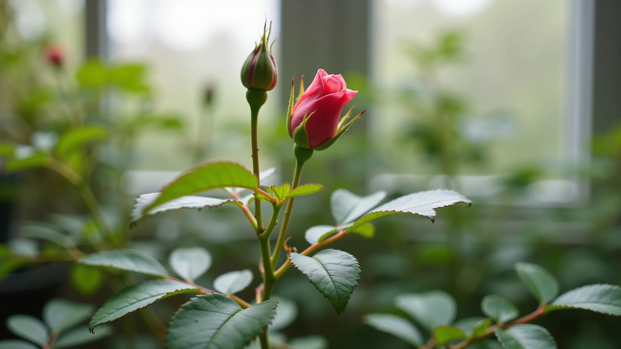 Roseira podada com novos brotos surgindo, pronta para a floração na primavera.