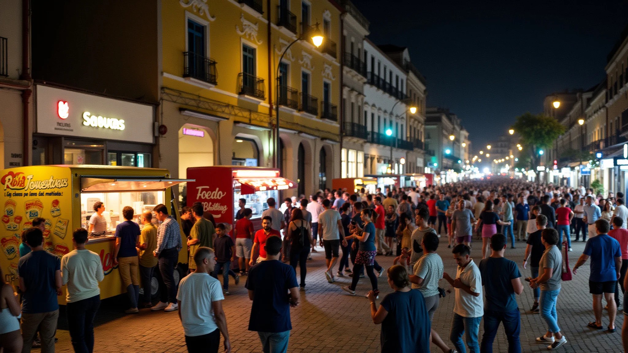 Rua Sapucaí à noite, cheia de pessoas curtindo food trucks e música ao vivo.