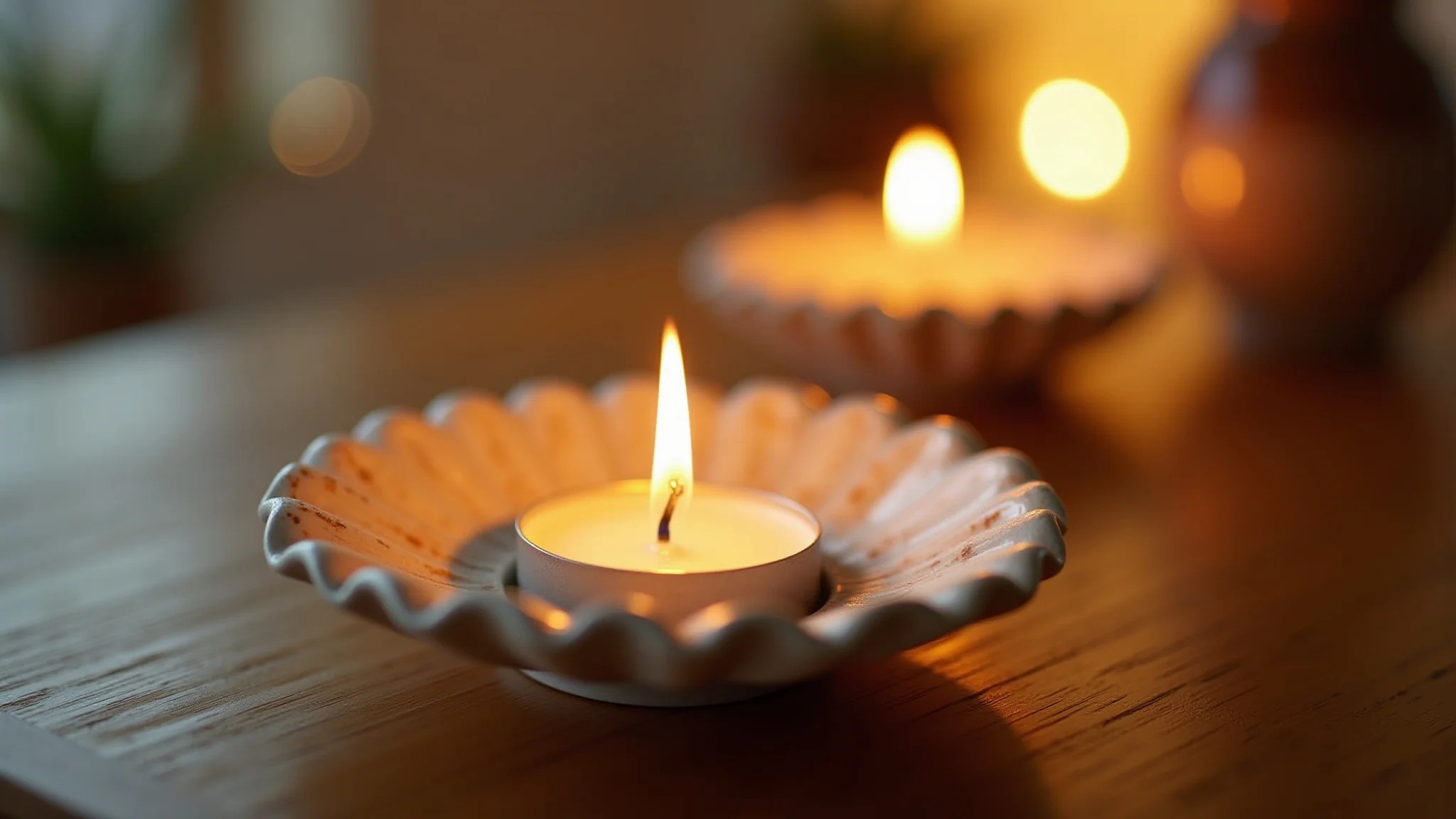 Porta-velas de conchas com vela acesa, luz suave, atmosfera aconchegante, decoração brasileira.