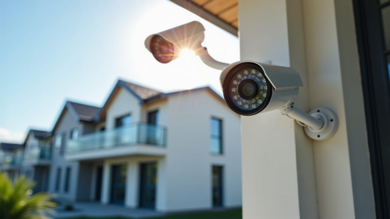 Câmeras de segurança monitorando uma propriedade com sistema de vigilância moderno.