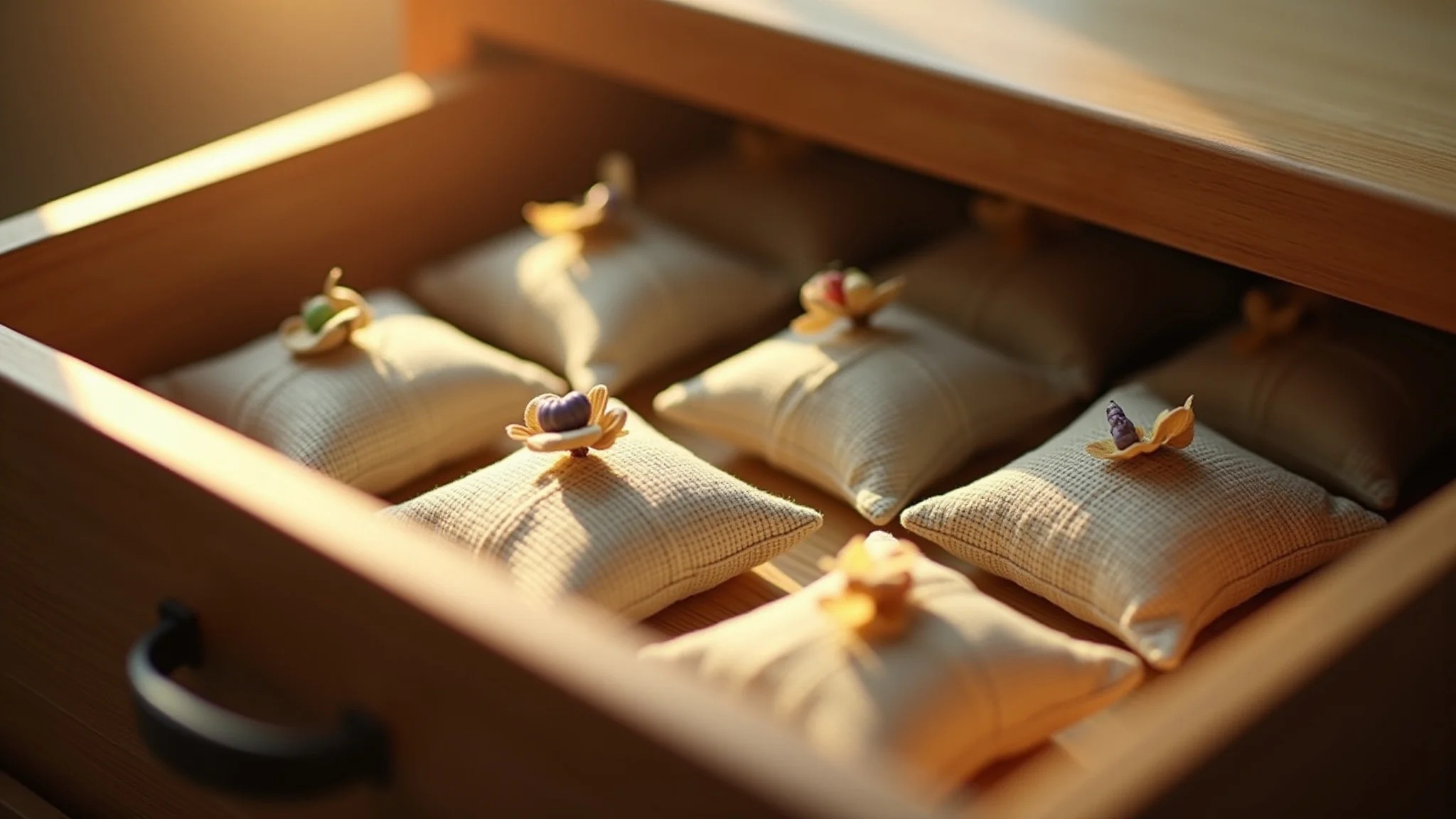 Sachês perfumados com aroma de bambu em gaveta, iluminação suave.