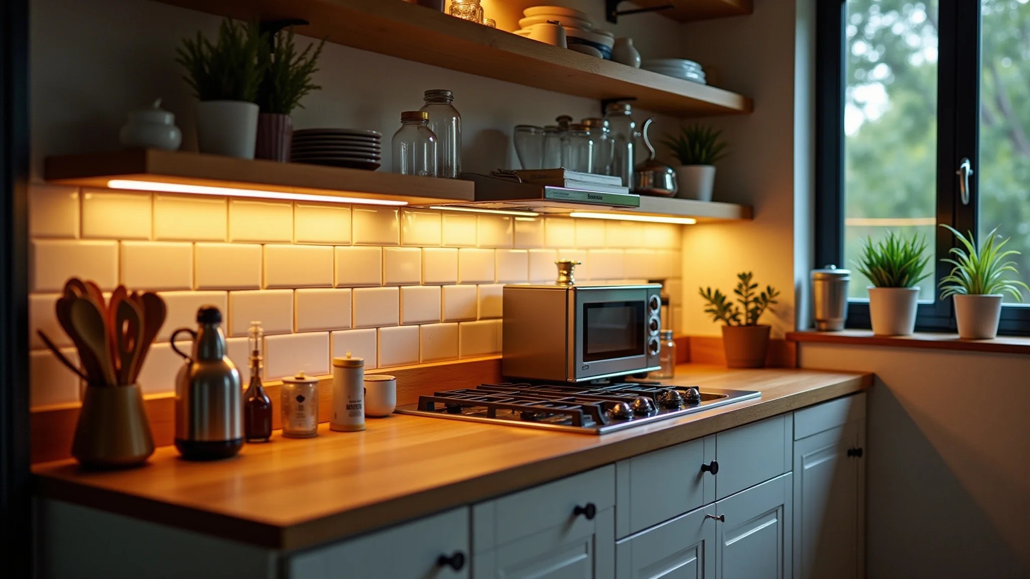 Iluminação estratégica em cozinha americana pequena, criando ambiente aconchegante.
