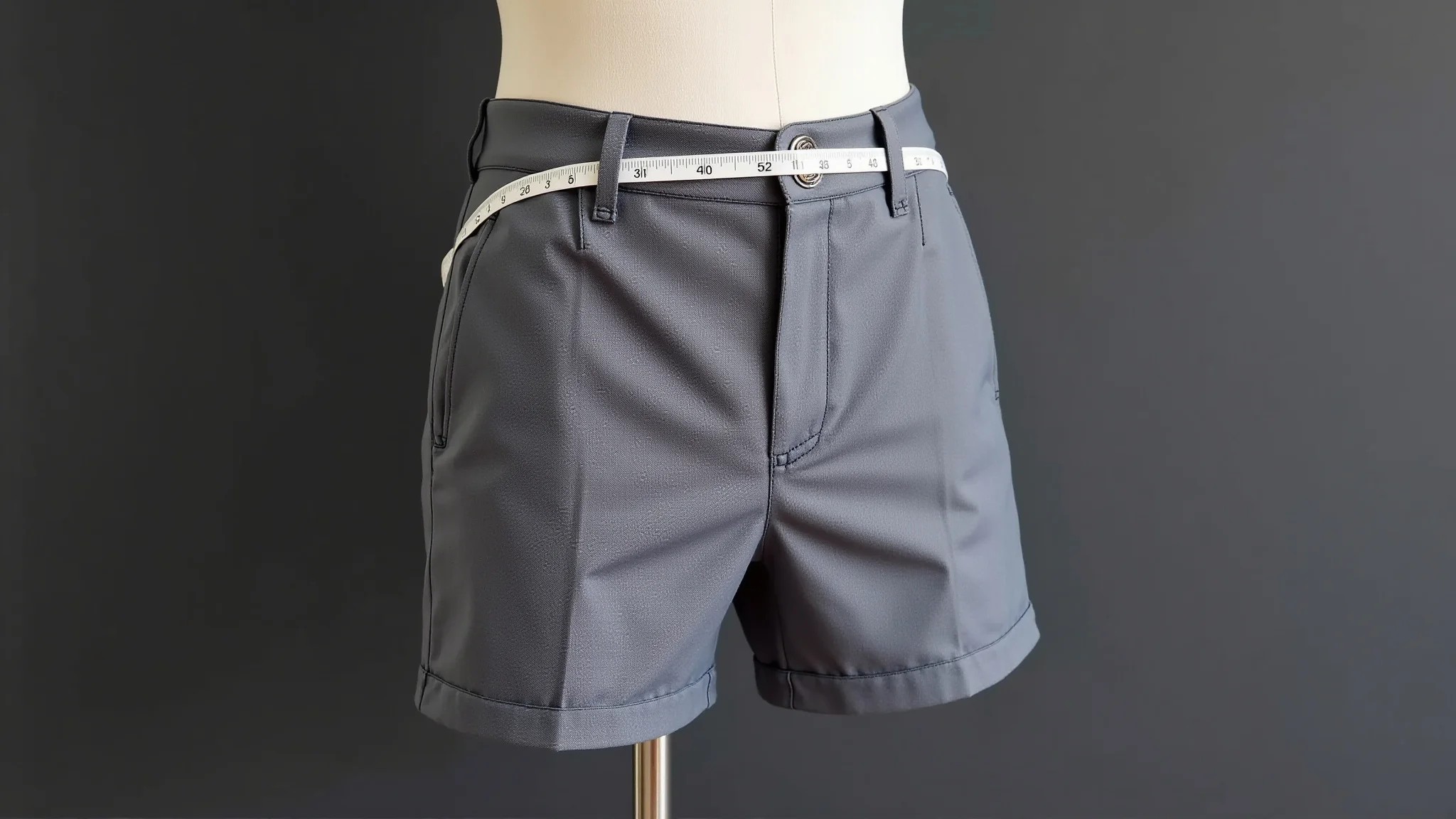 Shorts de alfaiataria em tecido gabardine, em manequim com fita métrica, detalhe da textura.