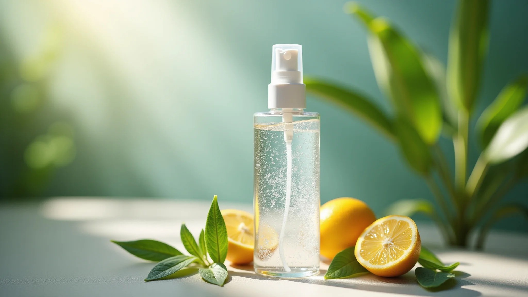 Frasco de água termal cercado por ingredientes naturais, destacando os benefícios para a pele.