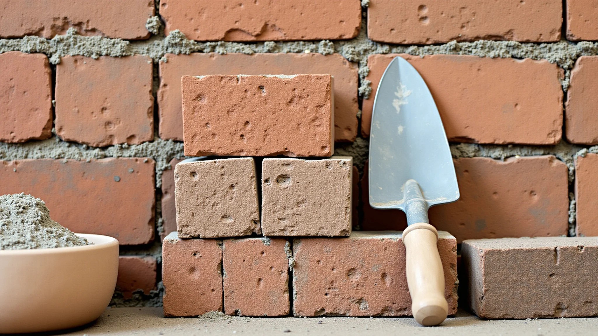 Ferramentas e materiais organizados para construção de parede de cozinha.