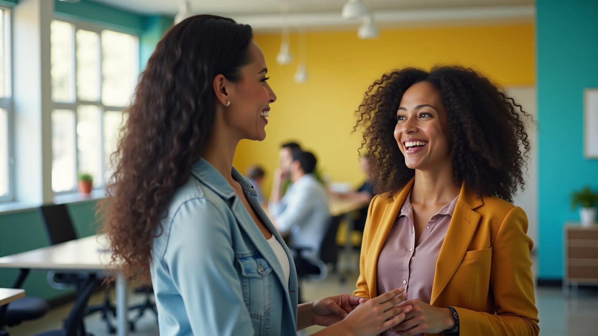 Duas mulheres comemorando sucesso profissional em escritório vibrante.