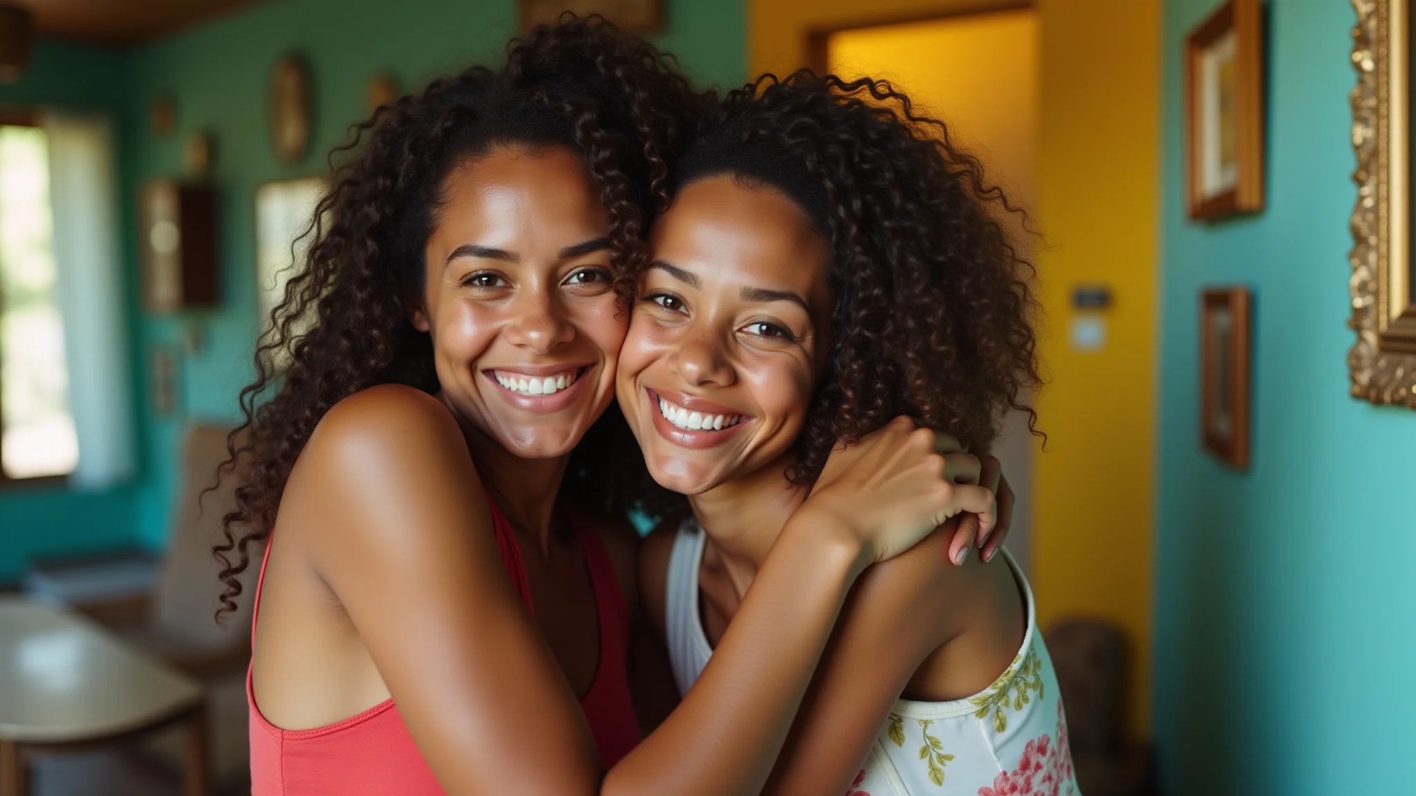 Duas mulheres se abraçando calorosamente em casa brasileira colorida.