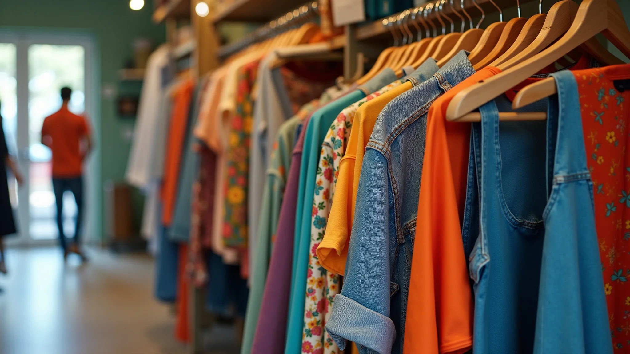 Exposição de roupas upcycled em uma boutique brasileira, com designs criativos e cores vibrantes.