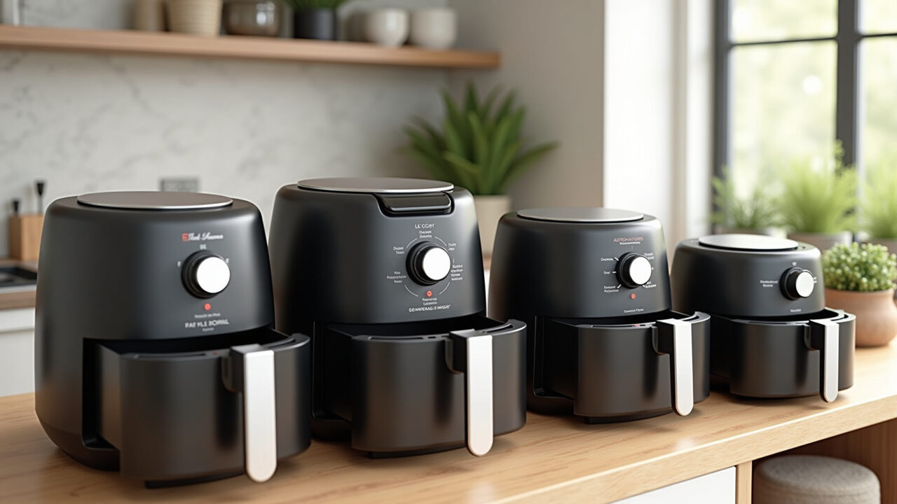 Diversas air fryers em balcão de cozinha.