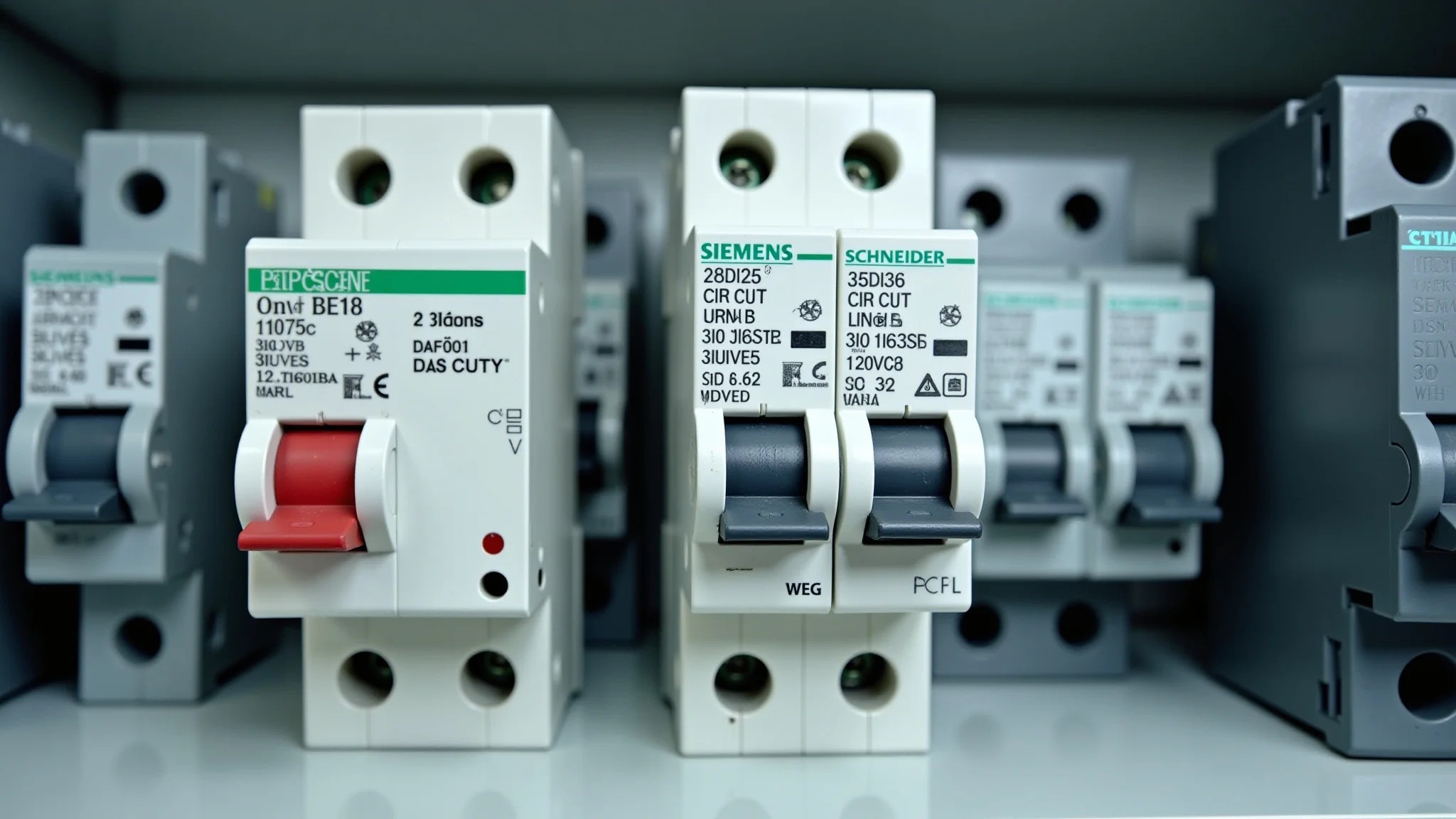 Marcas de disjuntores (Siemens, Schneider, WEG) em prateleira.