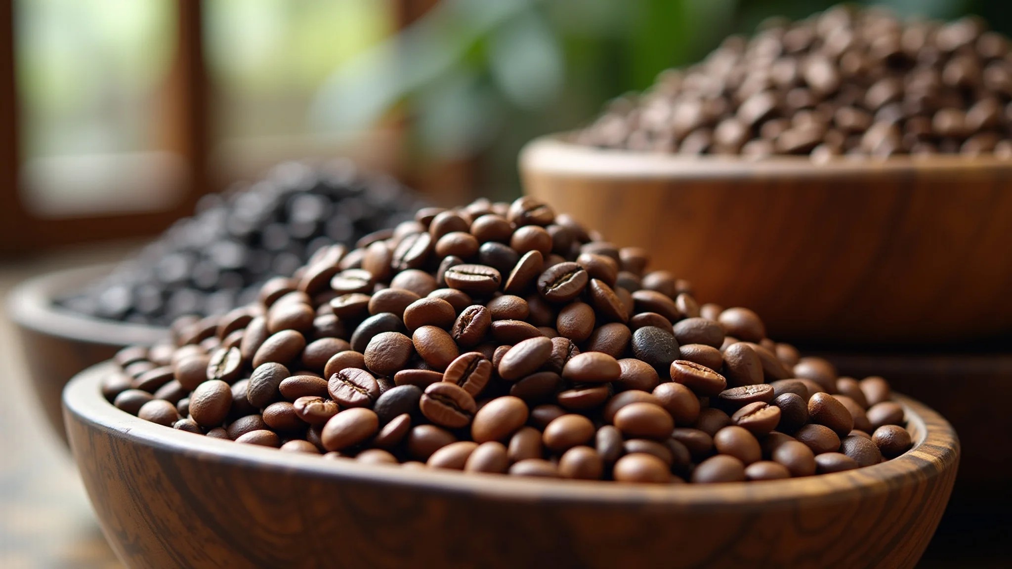 Variedade de grãos de café de diferentes regiões do Brasil.