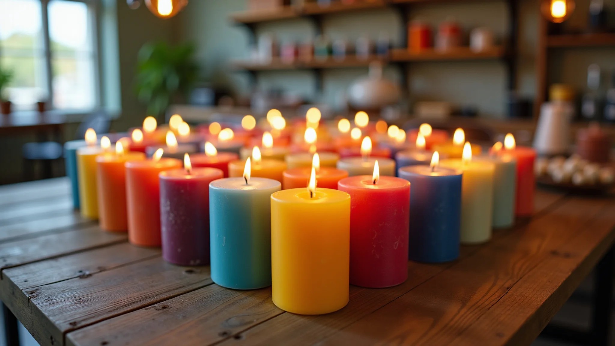 Velas artesanais coloridas em mesa de madeira rústica, artesanato brasileiro.