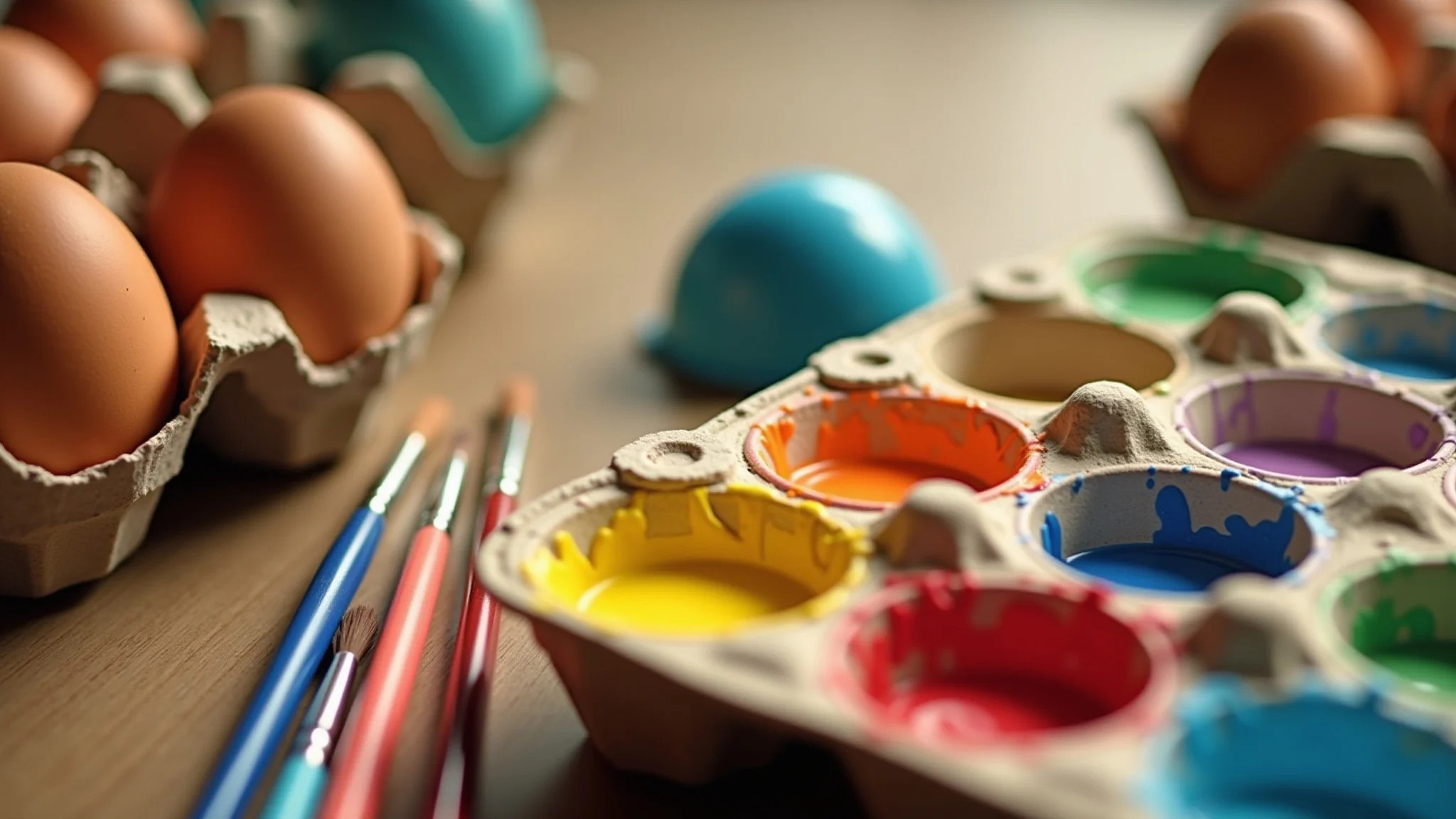Tintas e pincéis coloridos prontos para serem usados em artesanato com caixa de ovo.