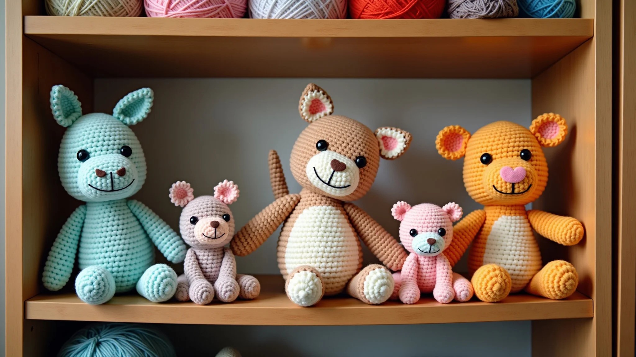 Diversos amigurumis de animais em prateleira de madeira com fios e agulhas.