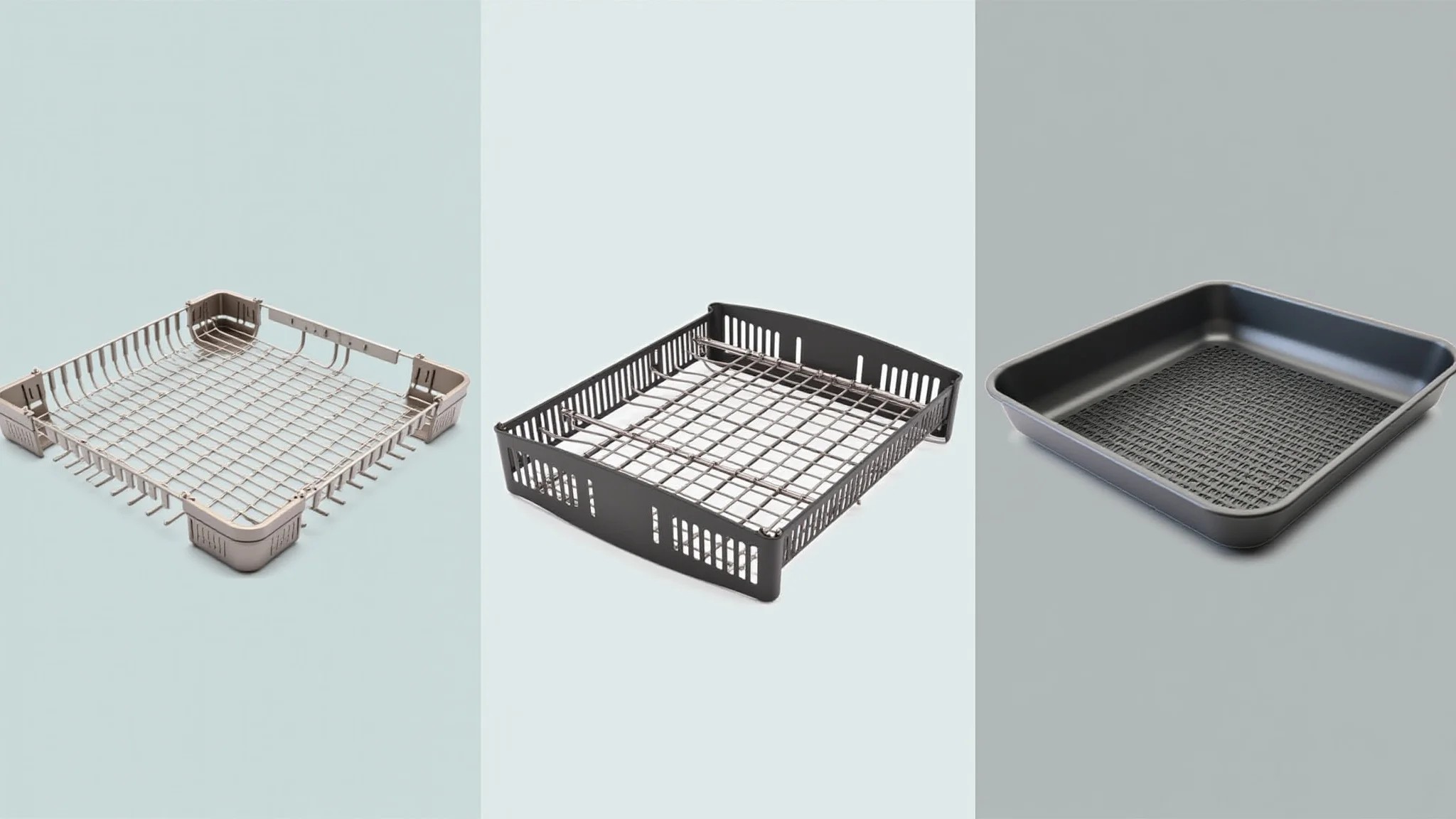 Comparativo de escorredores de louça de aço inox, plástico e silicone.