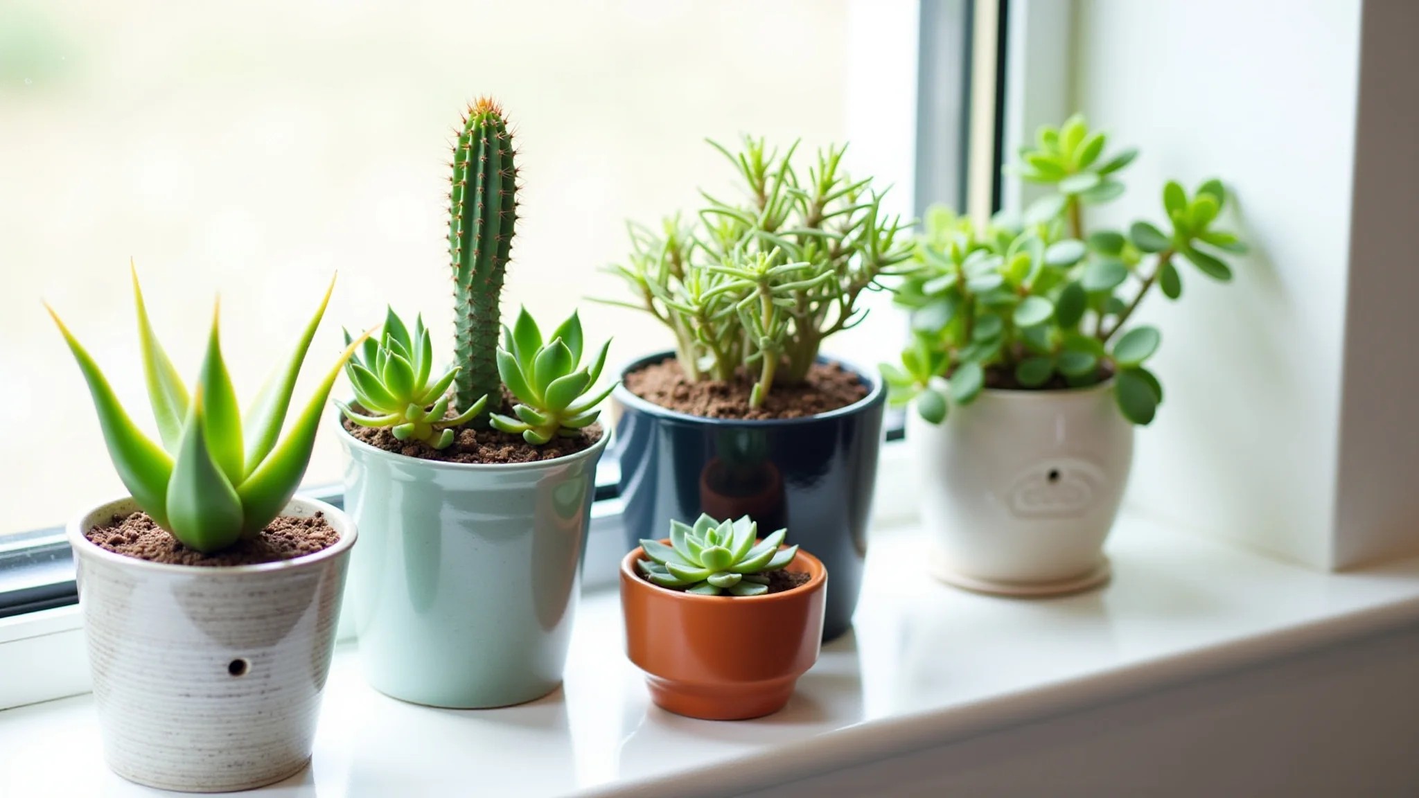 Plantas resistentes à seca (suculentas, espada-de-são-jorge, zamioculca) em vasos decorativos na janela.