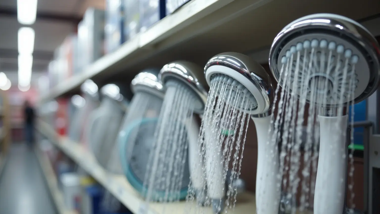 Melhor Chuveiro Elétrico Economia e Conforto no Seu Banho Diversos modelos de chuveiros elétricos expostos em uma prateleira de loja de materiais de construção.