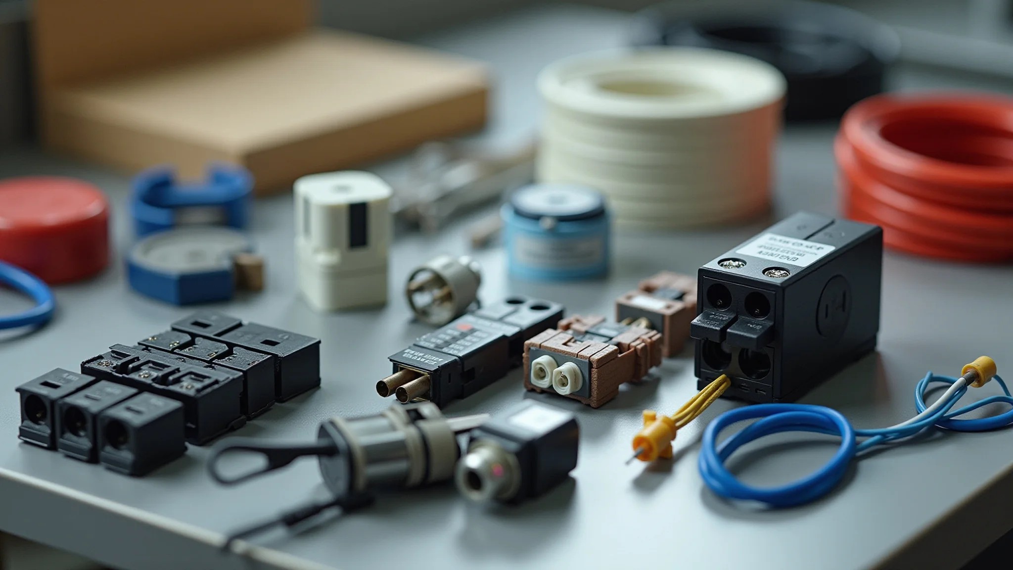 Componentes elétricos variados (fios, disjuntores, tomadas) organizados em uma mesa.