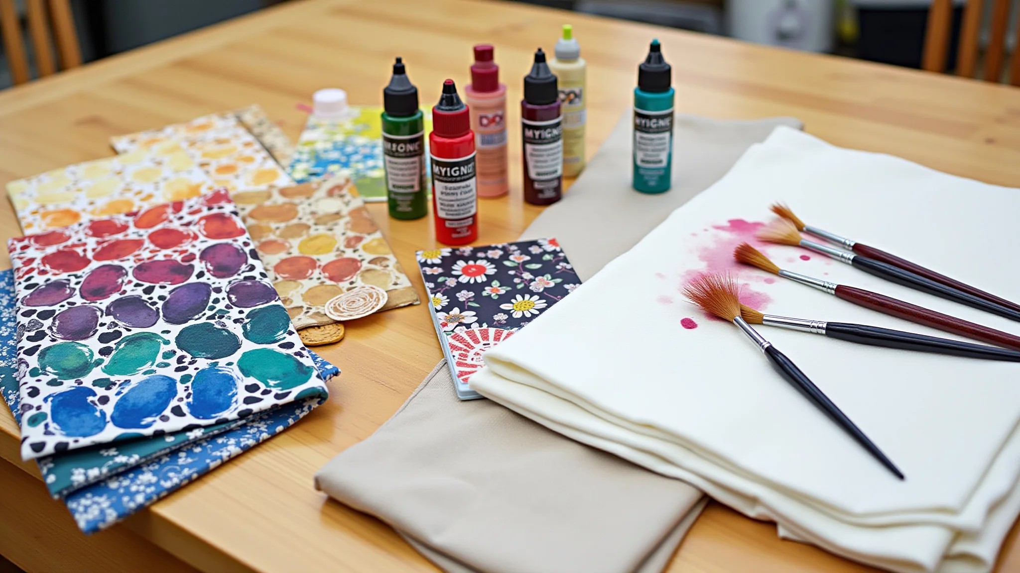 Materiais para pintura em tecido: pincéis, tintas coloridas, estênceis e panos de algodão.