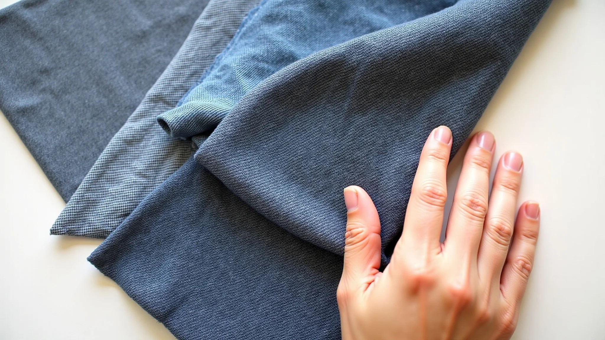 Amostras de tecidos (crepe, jeans, lycra) mostrando os melhores e piores tecidos para pernas grossas.