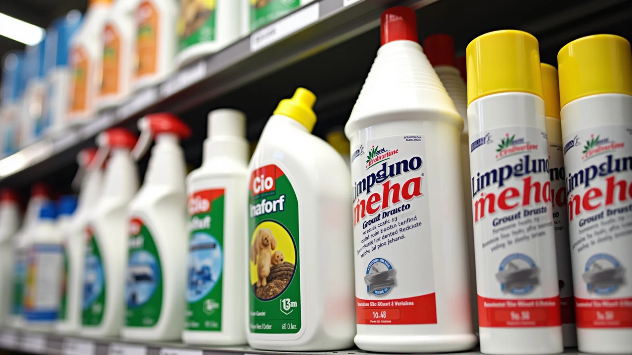 Produtos de limpeza de rejunte: Limppano, Veja e Cif.