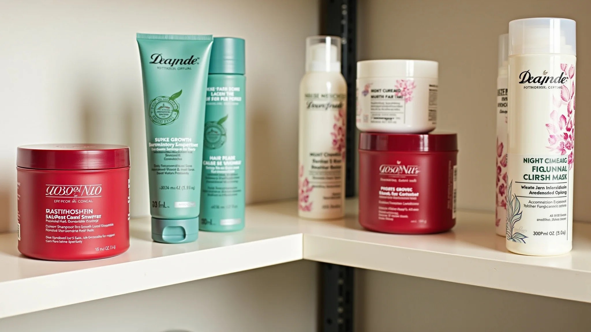 Produtos para o crescimento capilar: shampoo, condicionador e máscara capilar.