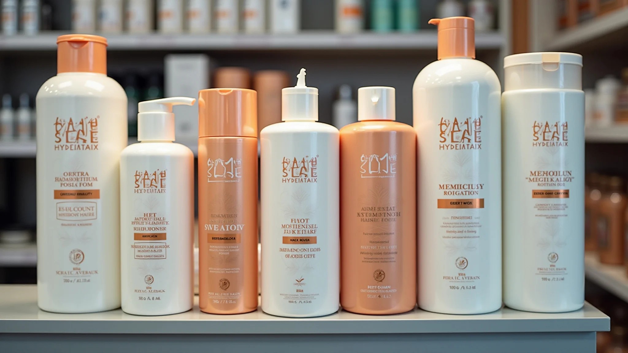 Produtos industrializados para hidratação de cabelo loiro em prateleira de loja de cosméticos.
