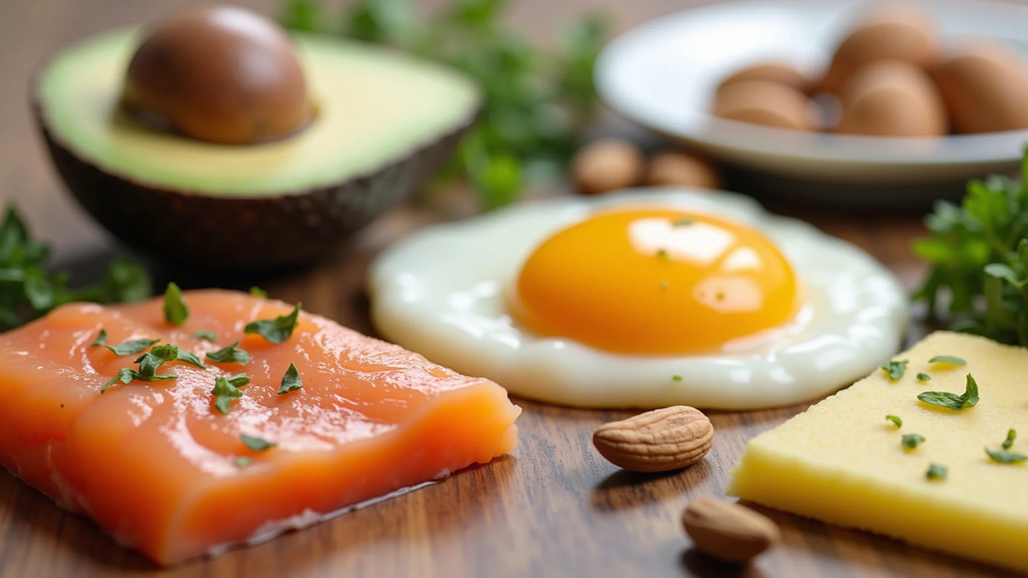 Alimentos saudáveis para o crescimento capilar: ovos, salmão, abacate e nozes.