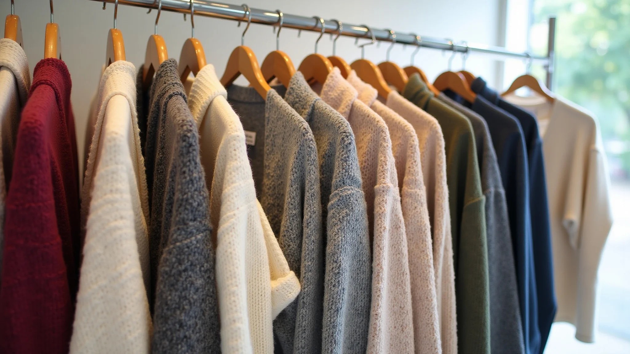 Cardigans de tricô variados em uma boutique moderna, mostrando cores e texturas.