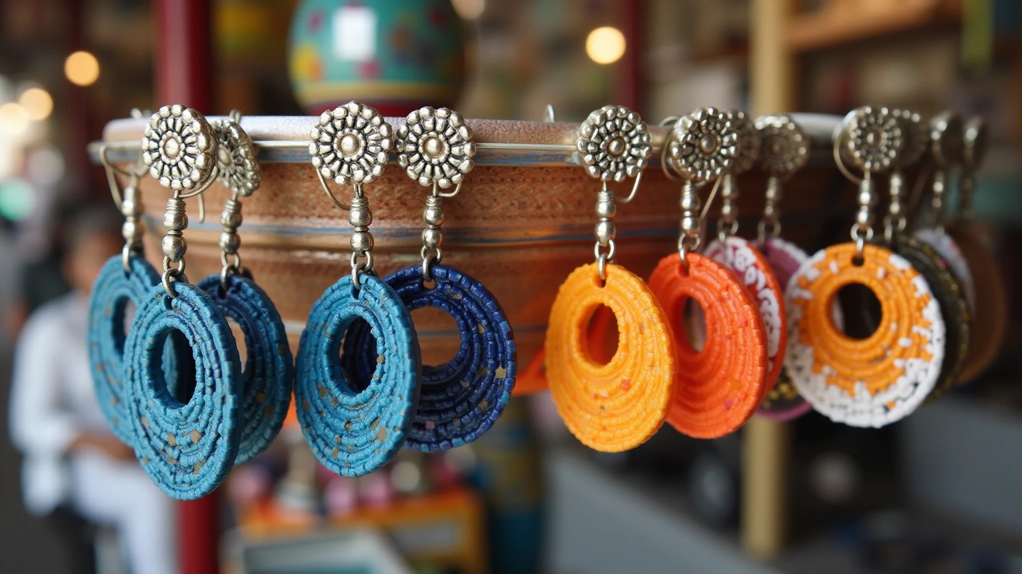 Diversos brincos grandes (metal, acrílico, resina) expostos em barraca de mercado artesanal brasileiro.