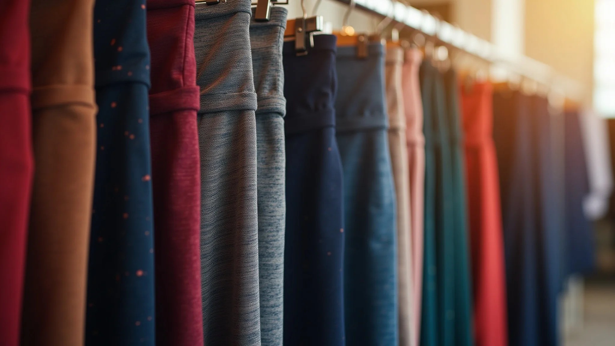 Variedade de leggings com diferentes texturas e cores escuras em um rack.