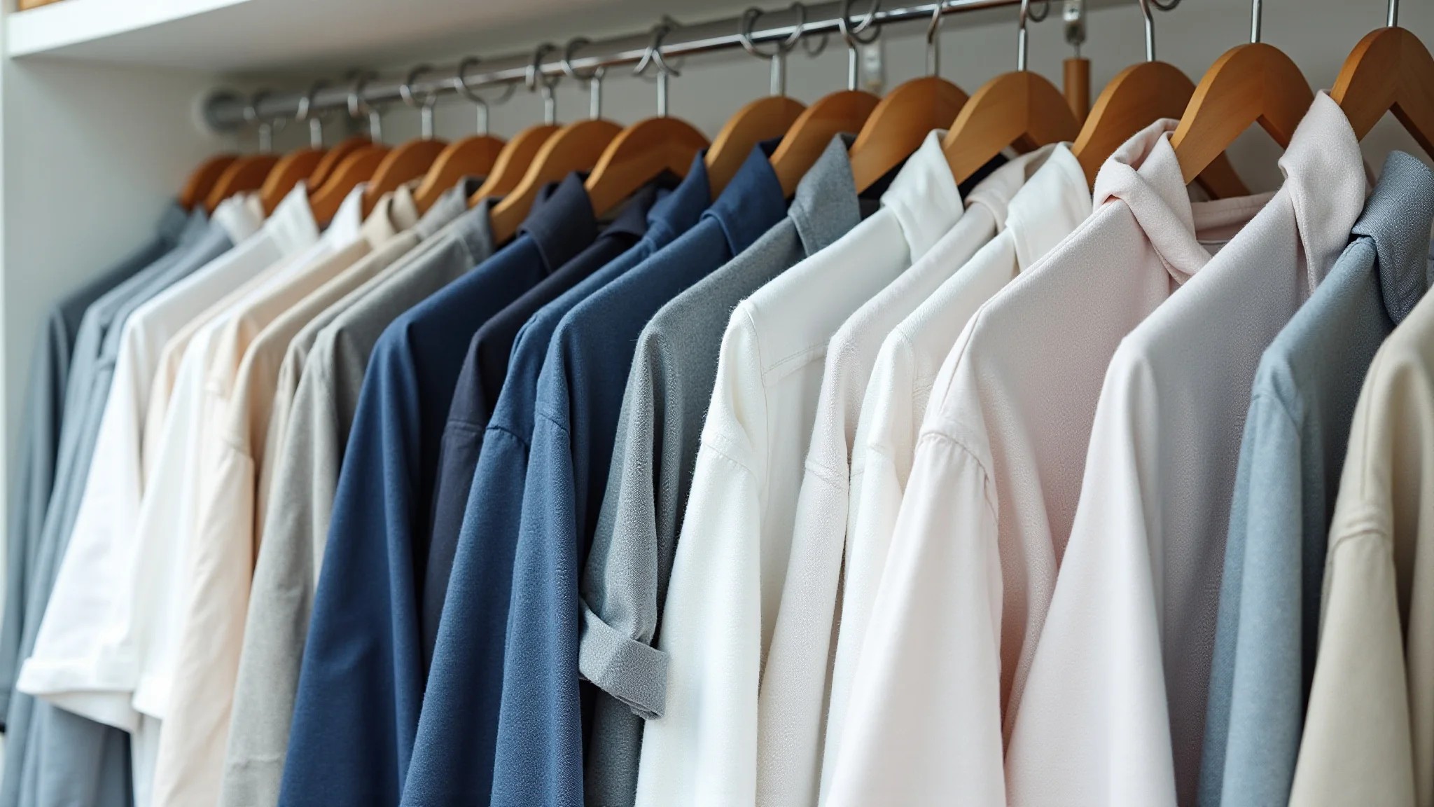 Roupas de linho dobradas e empilhadas em uma prateleira, mostrando cores e texturas.