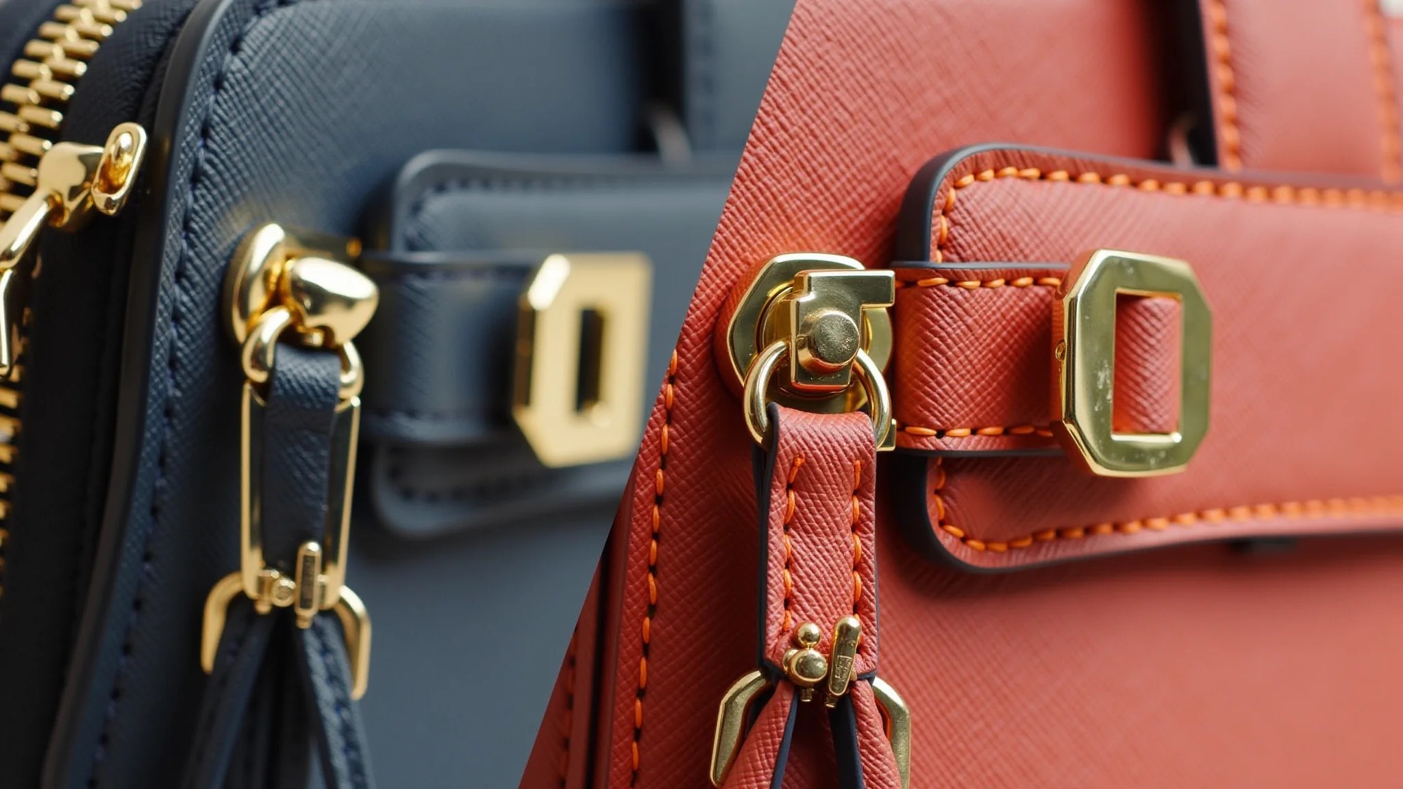 Detalhes de ferragens e zíperes de bolsas de grife: original versus falsificação.