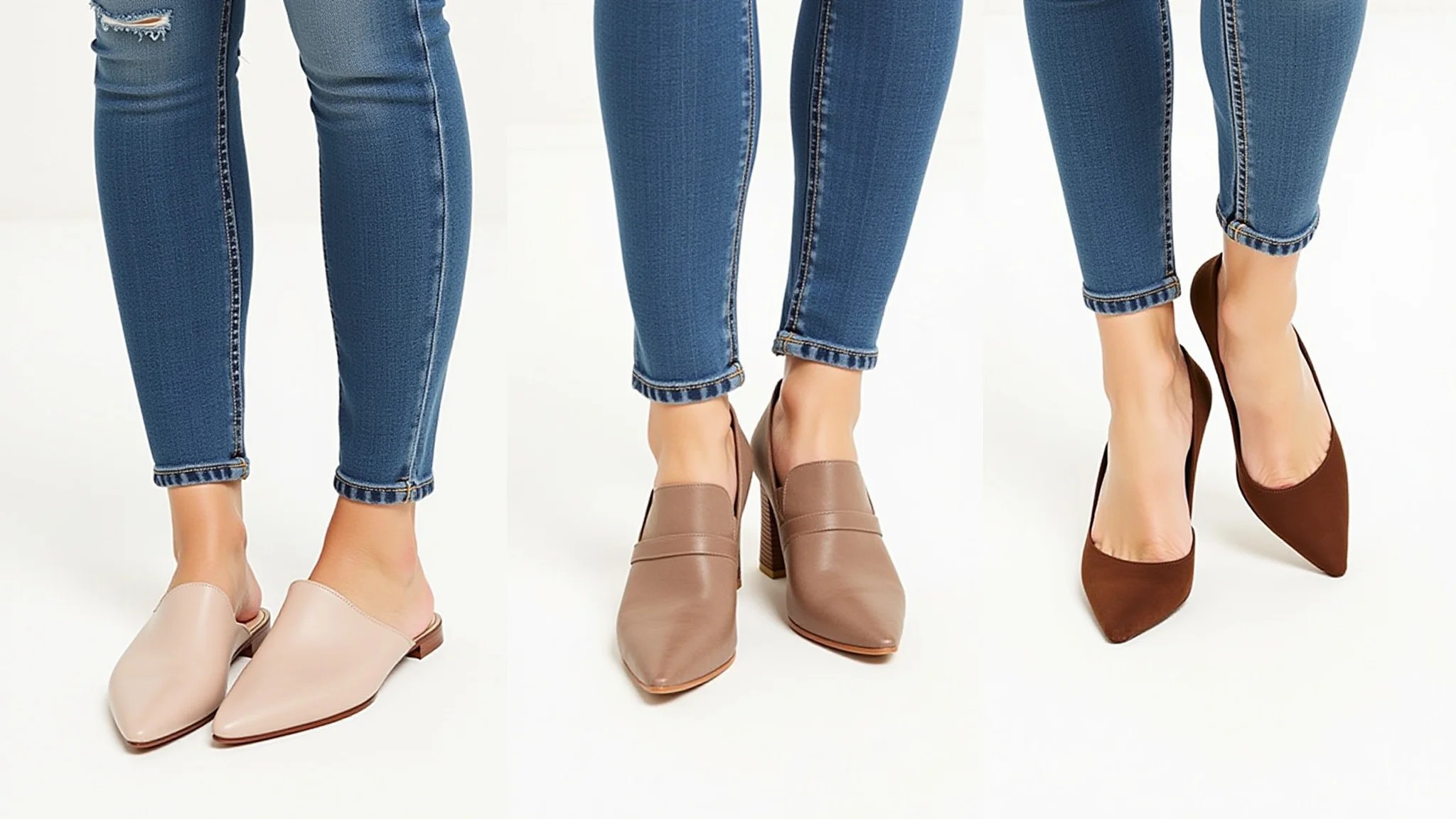 Vários estilos de mule (bico fino, redondo, salto) combinados com jeans skinny, foto de estúdio.