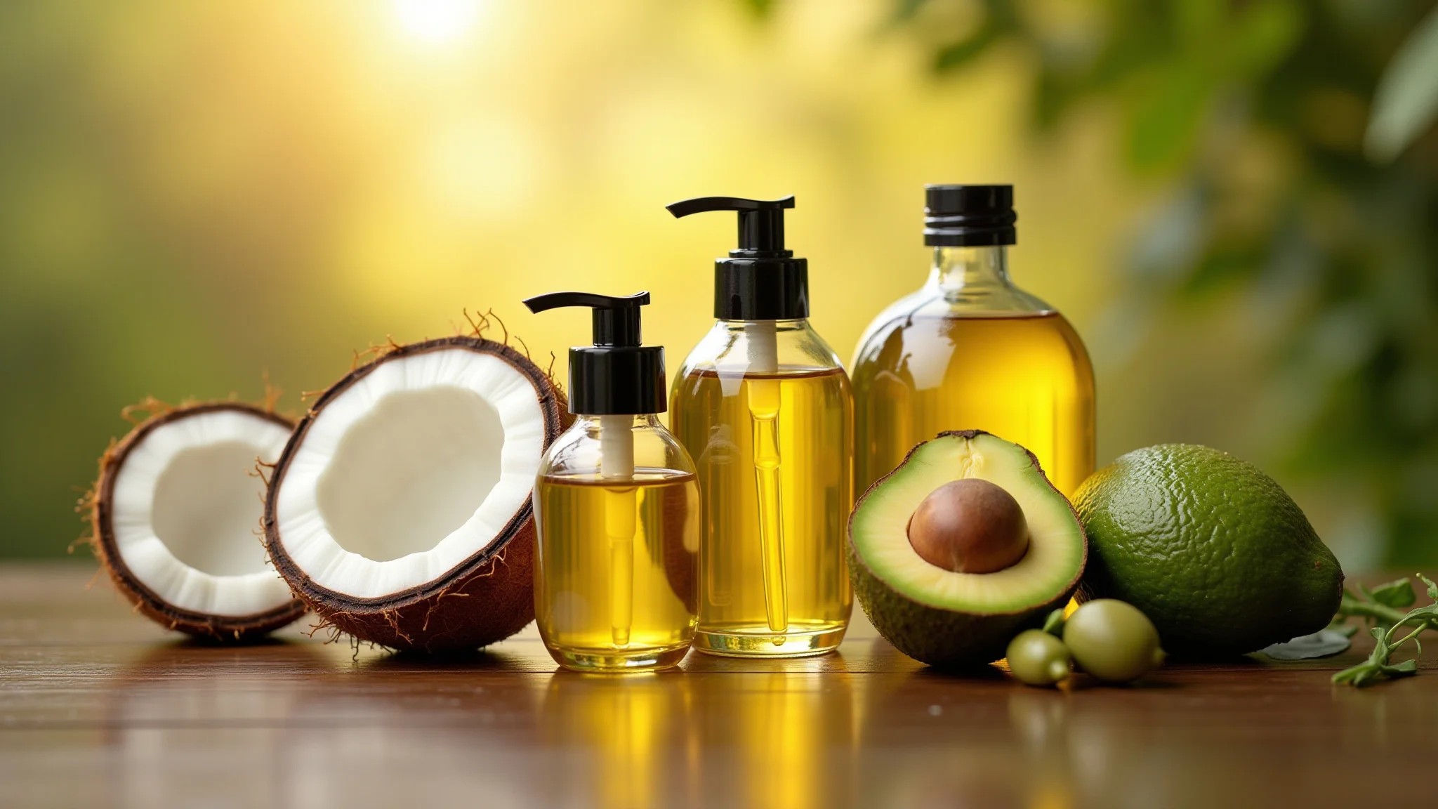 Óleos naturais (coco, oliva, abacate) para umectação de cabelo 4A.